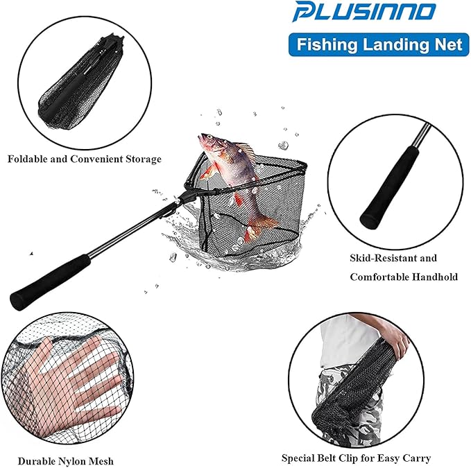 PLUSINNO Fishing Net Fish Floating Landing Net, Kayak Nets with Fixed Foldable Telescopic Pole Handle, Bass Trout Fishing Nets with Nylon Mesh for Pond Lake River, Fishing Gear Gifts for Men Anglers