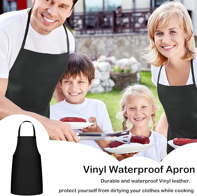 Hercicy 8 Pcs Heavy Duty Waterproof Work Apron for Dishwashing 40 Inch PU Leather Dishwasher Apron for Restaurant Men Cleaning Lightweight Industrial Butcher Chef, Black