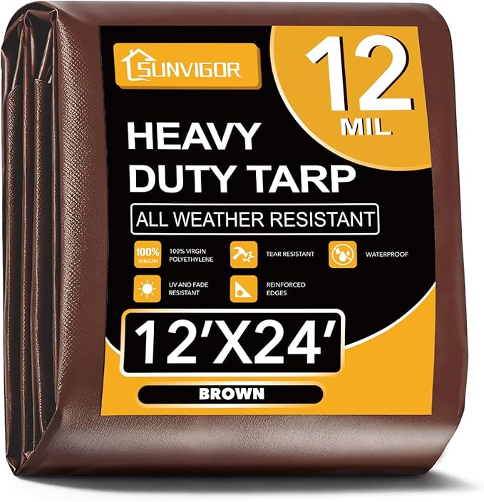 Sunvigor Tarp Waterproof 12x24Ft, Extra Thick 12 Mil Heavy Duty Tarp Cover, Tear & Fade Resistant, Outdoor Tarps with Brass Grommets and Reinforced Edges for Roof, Camping, Patio, Boat (Brown)