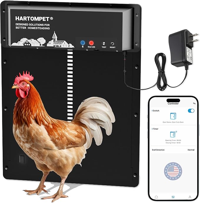 Automatic Chicken Coop Door – App-Controlled Schedule, Solar/Battery/Plug-in Powered, Anti-Pinch Motion Sensor with Resistance Detection, Weatherproof Aluminum Electric Door - HARTOMPET
