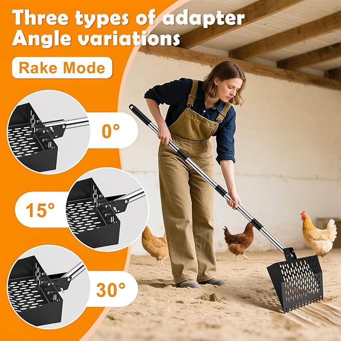 Senlinyu Chicken Poop Scooper for Sand, Chicken Poop Scooper & Rake 2-in-1 Chicken Coop Accessories with 24"-70" Adjustable Stainless Steel Handle Heavy Duty Sand Sifting Shovel for Coop Maintenance