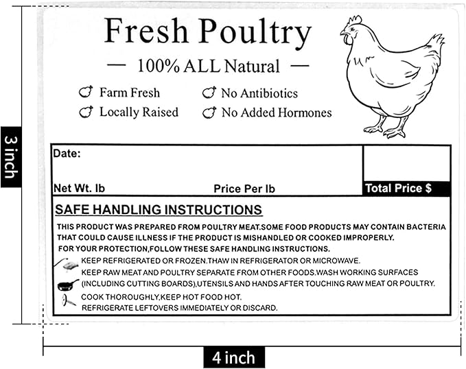 Poultry Freezer Labels,4x3 Inch with Handling Instructions Exemption,50 Pcs