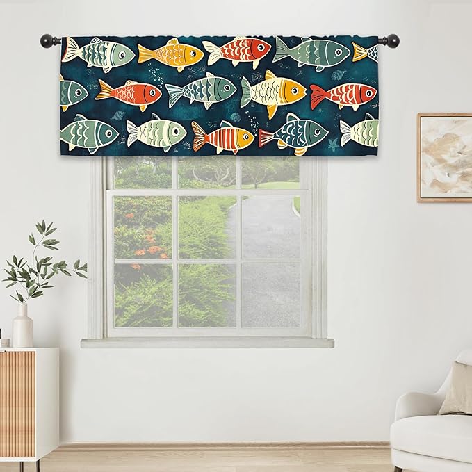 Colorful Fish Kitchen Curtain Valance 54W x 18L Inch Vibrant Funny Vintage Retro Rod Pocket Short Cafe Small Window Treatment Drapes Decor