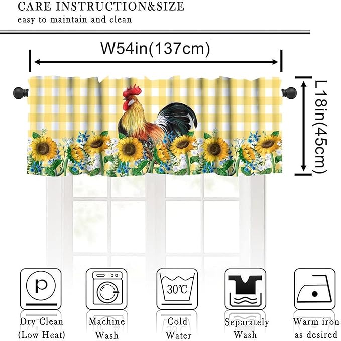 Rooster Kitchen Curtains Yellow White Buffalo Plaid Sunflowers Vintage Rustic Farm Chicken Rod Pocket Curtain Valance for Kitchen Bedroom Living Room Decor 1 Panel W54xL18 Inch