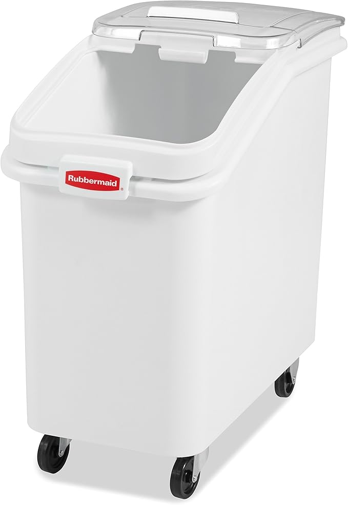 Rubbermaid Commercial Products ProSave Shelf-Storage Ingredient Bin With Scoop 500-Cup capacity Plastic White Sliding Lid Container with Wheels for Kitchen/Restaurant Food Organization