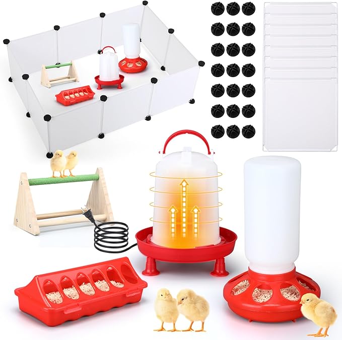 5 Pack Winter Chicken Brooder Box Starter Heated Chicken Waterer with Chick Perch Set 0.8 Gallon Heated Poultry Fountain, Flip Top Poultry Feeder, 2.9 Pounds Chick Feeder for Coop Chicks