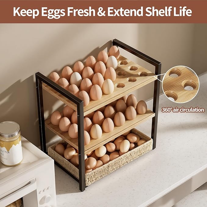Nuovoware 3-Tier Egg Holder Countertop with Basket for 48+60 Eggs, Wooden Egg Basket with Carry Handle Gathering 100+ Fresh Quail, Duck, Turkey, Chicken Eggs, Kitchen Storage Home Farmhouse Decor
