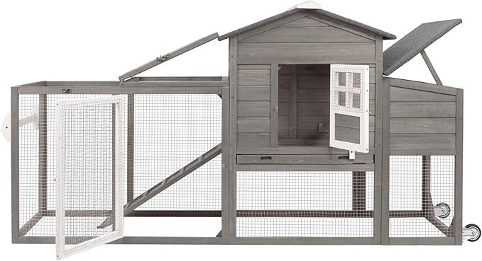 Chicken Coop Solid Wood with Large Run Cage 2 Stories - Asphalt Roof, Nest Box, Pu Wheels, Expandable Solid Wood Cage
