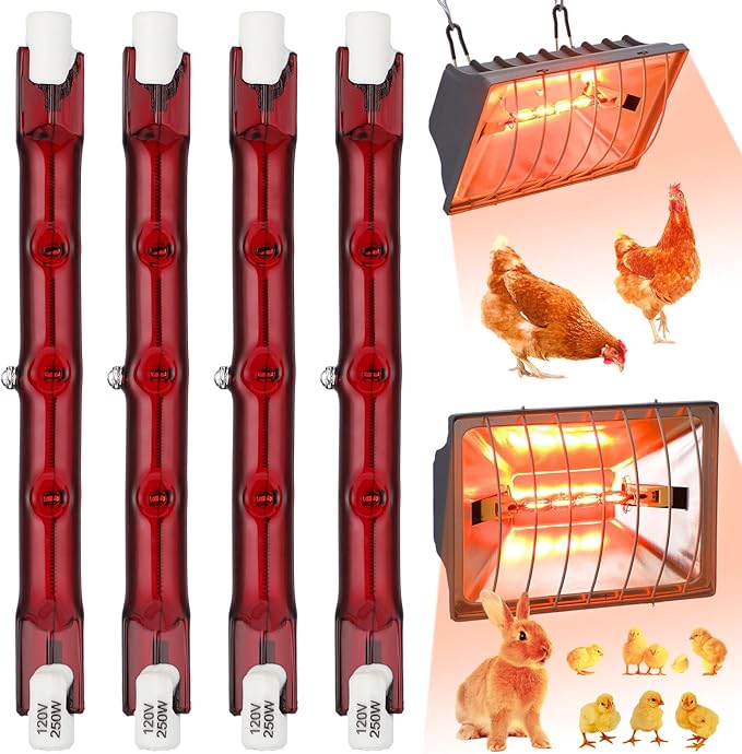 4 Pcs 250w Chicken Coop Heat Lamp Replacement Light Bar Chicken Brooder Heat Lamp Replacement for Chicken Livestock Dogs Sheep Pets Brooder Heater, 4.65 x 0.39 Inch, Heat Lamp Not Included