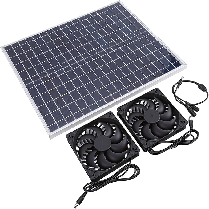Tnfeeon Solar Greenhouse Exhaust Fan Kit, Ventilation Equipment with Two Vent Fans for Chicken Coop Cooling Dog House Shed RV Window Ventilation Powered Attic Doghouse Cabin Air
