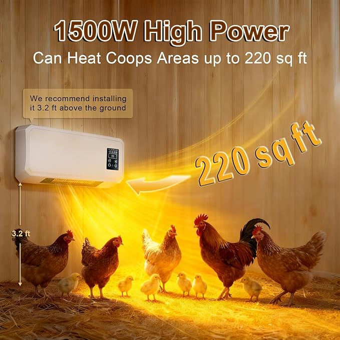 1500W Chicken Coop Heater for Winter，Wall-mounted 2-Mode Heater for Chicken Cages,5S Fast Heating & Adjustable Temperature (77~99℉)，Warm Stoves for Poultry and Pets in Winter