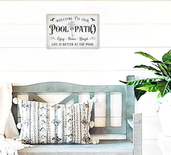 Generic Welcome to Our Pool and Patio Enjoy Relax Laugh Metal Signs Vintage Beach Metal Sign For Wall Decor Deck Backyard Bar Signs Patio Decor Outdoor Pool Decor 8x12 Inch