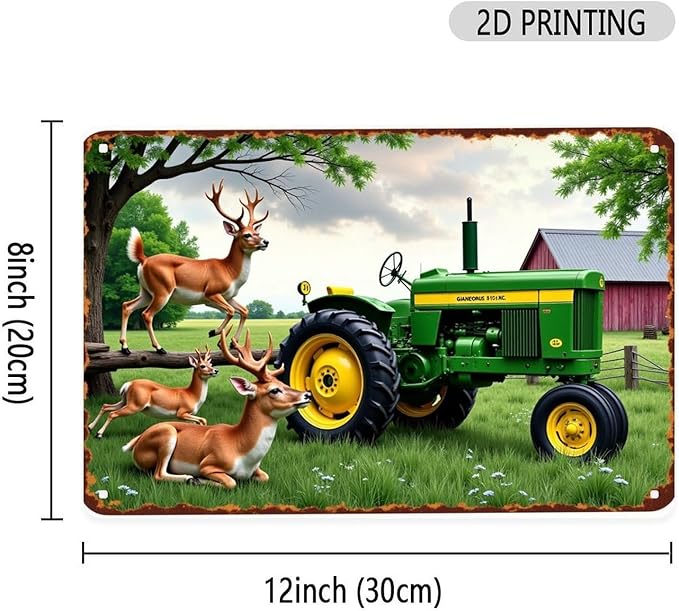 Deer Tractor Farmhouse Tin Sign Vintage Deer And Tractor Metal Sign Print Aesthetic for Garden Yard Bar Porch Home Bedroom Kitchen Wall Decor Gift 8 X 12 in