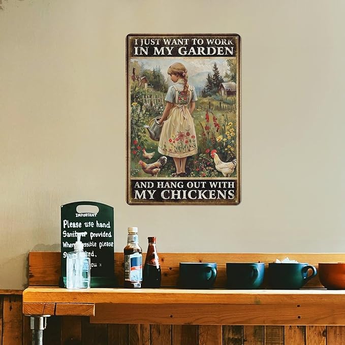 Vintage Girl Chicken Metal Tin Sign Farm Chicken Sign Poster Wall Decor-Retro Chicken Accessories Coop Signs Chicken Signs 8 x 12 inches