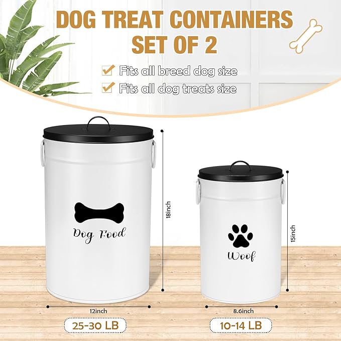 Extra Large 30+14 lbs Metal Dog Food Storage Containers Set of 2 Airtight Dog Treat Snack Jars with Lids and Spoon Farm House Style Big Pet Cookie Storage Bin for Kitchen Counter Gift