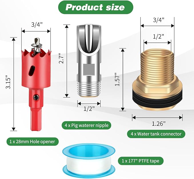 4 Pcs Pig Waterer Nipples for Barrel Kit, Stainless Steel Hog Waterer Nipples Automatic Pig Nipple Water Drinker Feeder Water System with Brass Tank Connector Kit for Piglets Goat