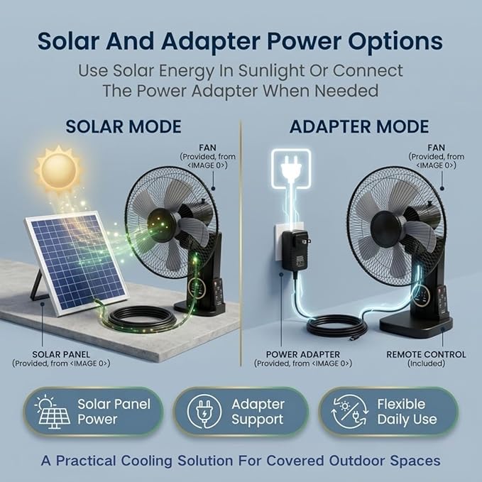 Solar Fan 16 Inch Wall Mounted Fan Indoor, Solar Fans for Outside, Solar Powered Fans With Remote Control, 5 Blades, 3 Speeds, Timer, Adjustable Tilt, Solar Panel, Power Adapter