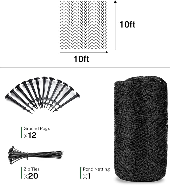 10 x 10Ft Pond Netting for Koi Ponds, Koi Pond Net Cover, Durable & Sturdy Pond Netting Cover for Leaves, Protect Koi Fish Against Herons, Raccoons, Cats & Predators, 12pcs Stakes Included