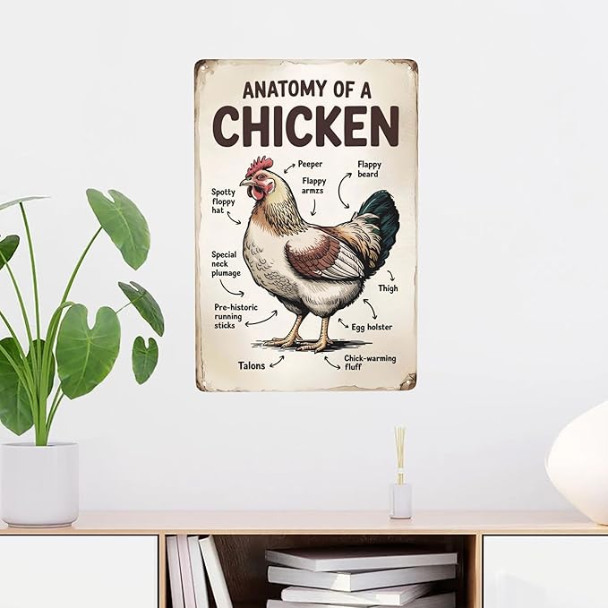 Retro humor wall art sign featuring Anatomy Of A Chicken Metal Tin Sign Classroom Farm Decor Perfect For Hanging In Coop Rustic Vintage Finish Educational 8x12 inch metal sign for home bar wall