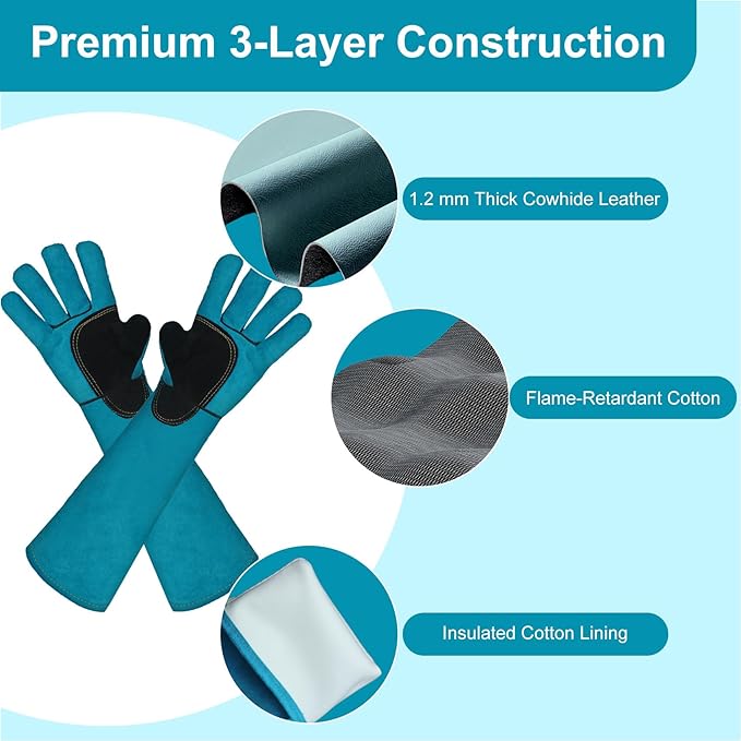 Welding Gloves 23.6" Heat-Resistant Leather, Long Gauntlet Forearm Protection for TIG/MIG, Also for Animal Handling