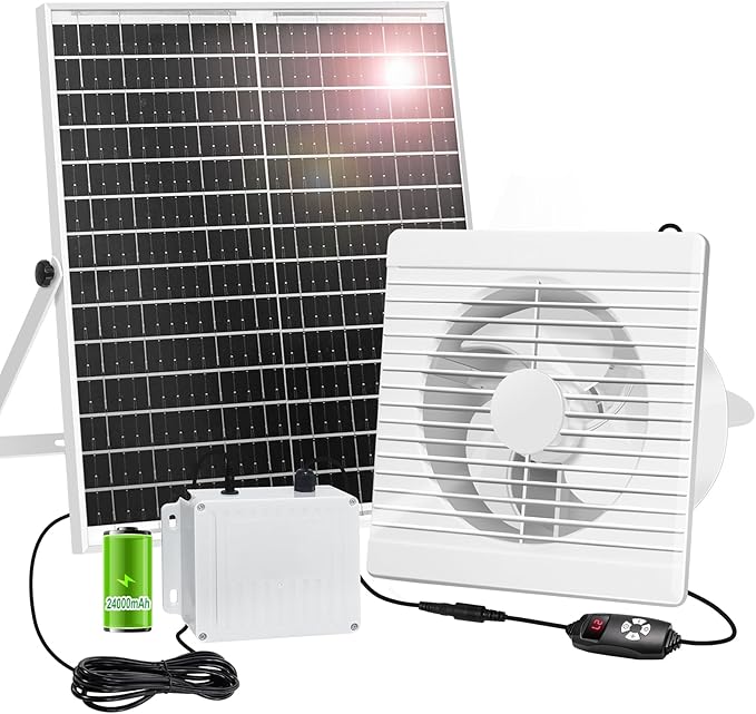 Solar Powered Fan with 24000mAh Battery Run Day/Night, 25W 9.8" Solar Fan for Chicken Coop Waterproof Solar Greenhouse Fan for Shed, Chicken Coop, Greenhouse