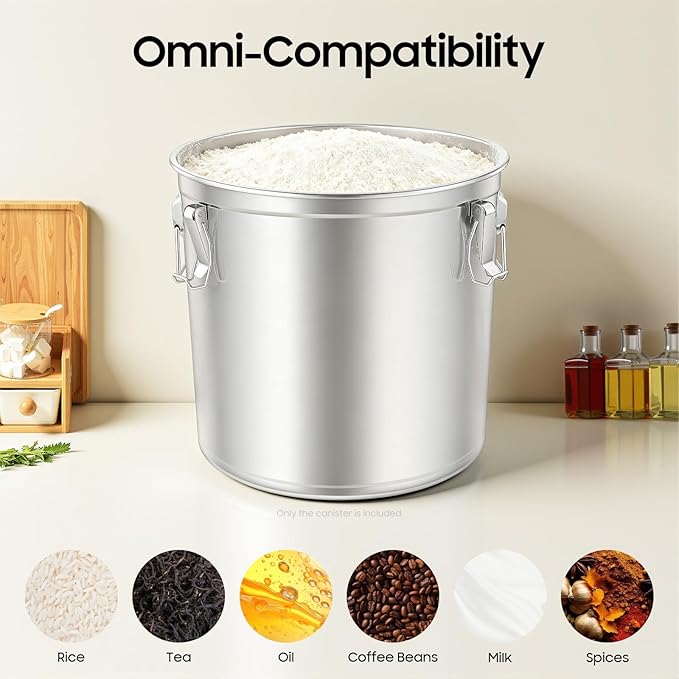 Stainless Steel Airtight Canister, Large Capacity Food Storage Container, 304 Grade Metal Bucket with Silicone Seal Lid, 12.68Gal Flour Rice Cereal Bin for Kitchen Pantry Restaurant, Stackable