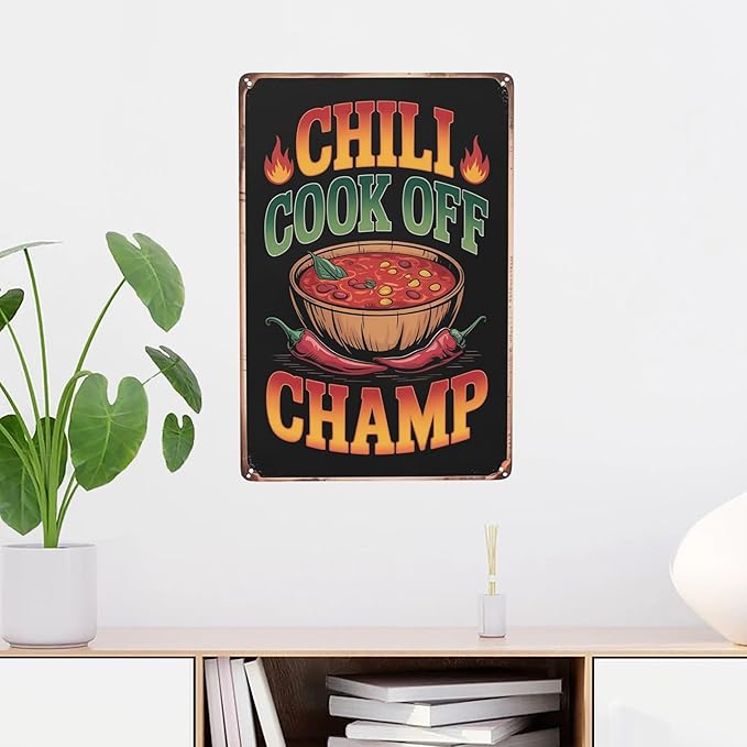 Novelty saying wall decor featuring Chili Cook Off Champ Cooking Spicy Texan Bowl O Red Southern Metal Tin Sign Kitchen Bar Decor Perfect For Hanging In 8x12 inch metal sign for home office wall