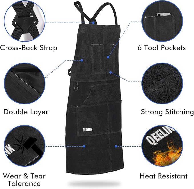QeeLink Leather Welding Work Apron with 6 Tool Pockets, Heat & Flame Resistant Welder Aprons, 24" x 36", Adjustable M to XXXL