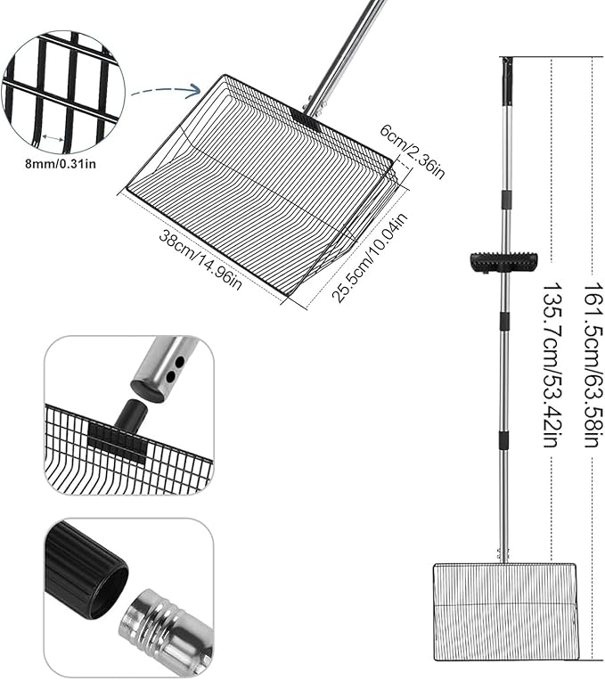 Chicken Poop Scooper: 15-Inch Large with Ergonomic Grip, 5-in-1 Heavy Duty Adjustable Coop Scoop (24 to 68 Inches), Stainless Steel Sifting Litter Shovel for Chicken Coop Cleaning