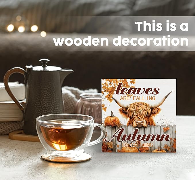 Fall Highland Cow Decor Sign -fall Decorations For Home, Farmhouse Leaves Are Falling Autumn Is Calling Pumpkin Table Signs For Home Bedroom Bathroom 5x5