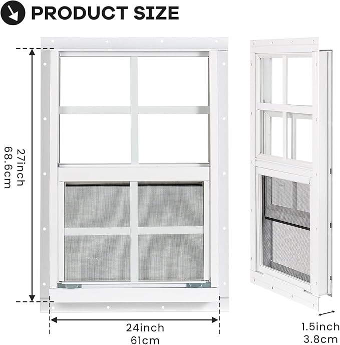 Shed Windows 2 Pack, Chicken Coop Windows 24" x 27" with Tempered Glass and Fiberglass Screen, Flush Mounted Small Window for Shed, Barns, Playhouse, Household, Garage (White)