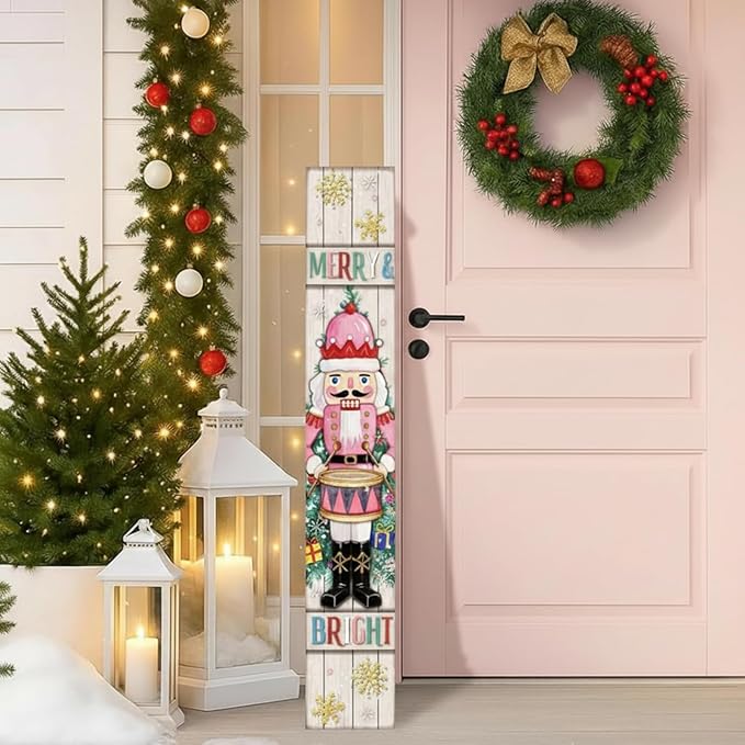 47" Large Nutcracker Christmas Porch Sign Pink Pastel Welcome Sign Christmas Porch Decor Tall Wooden Front Door Decor Gift for Xmas Holiday Farmhouse Outdoor Yard Home Patio Entryway