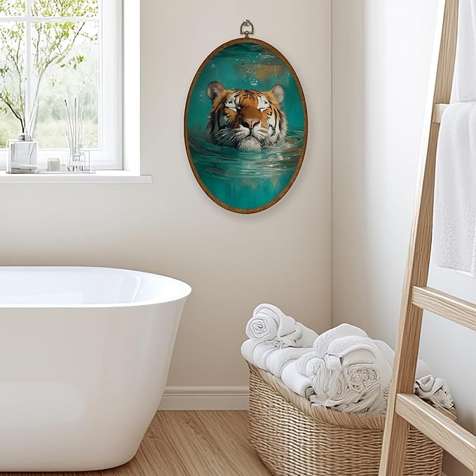 WULQYING Boho Funny Tiger Wall Art Decor, Fantastic Wild Animal Oval Framed Canvas Art Prints, Whimsical Tiger Sleeping in Water Wall Hanging Decor for Home Bedroom Living Room, 8.6x11.4 Inches