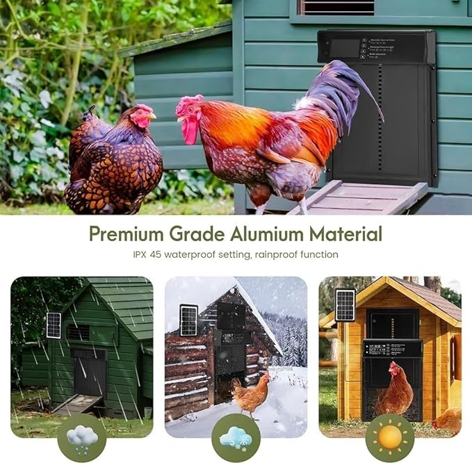 BeyondFeed™ Solar Automatic Chicken Coop Door with LCD Screen – 4 Control Modes (Light Sensor/Timer/Remote/Button), AI Anti-Pinch, Waterproof, Easy Install
