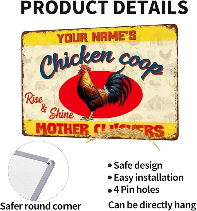 Personalized Chicken Coop Sign Custom Name Rise and Shine Metal Tin Wall Art Funny Rooster Farmhouse Decor Backyard Poultry Plaque Gift