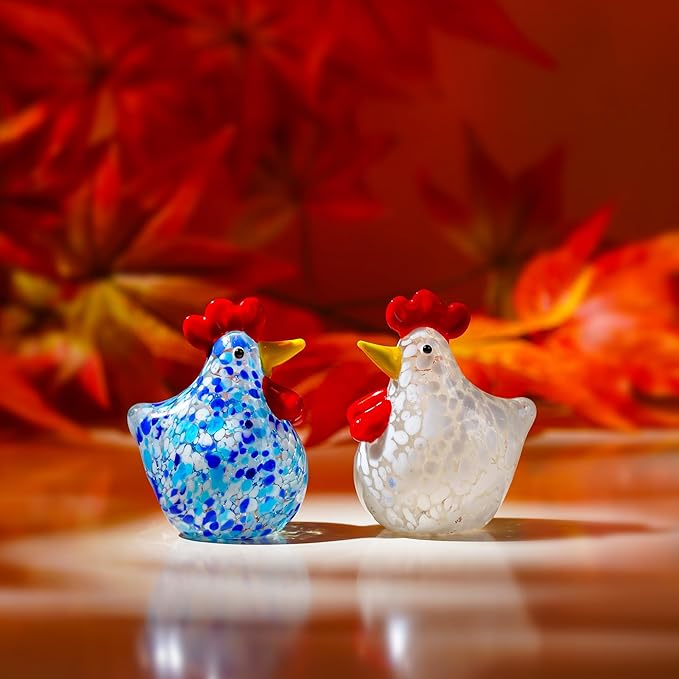 H&D HYALINE & DORA Blown Glass Chicken Figurines Set of 2 Handmade Art Glass Rooster Figurine Crystal Animal Figurine Collectible for Home Decoration Ornament
