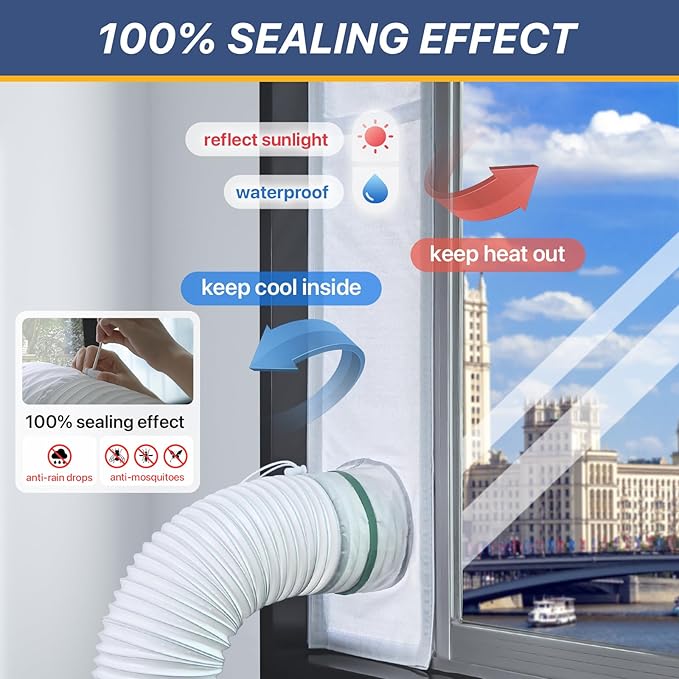 Loviga Portable AC Window Vent Kit, 100% Sealing Portable Air Conditioner Window Kit Seal Kit for AC Unit Clothes Dryer, 9X63 Inch Length Adjustable, Waterproof, No Drilling
