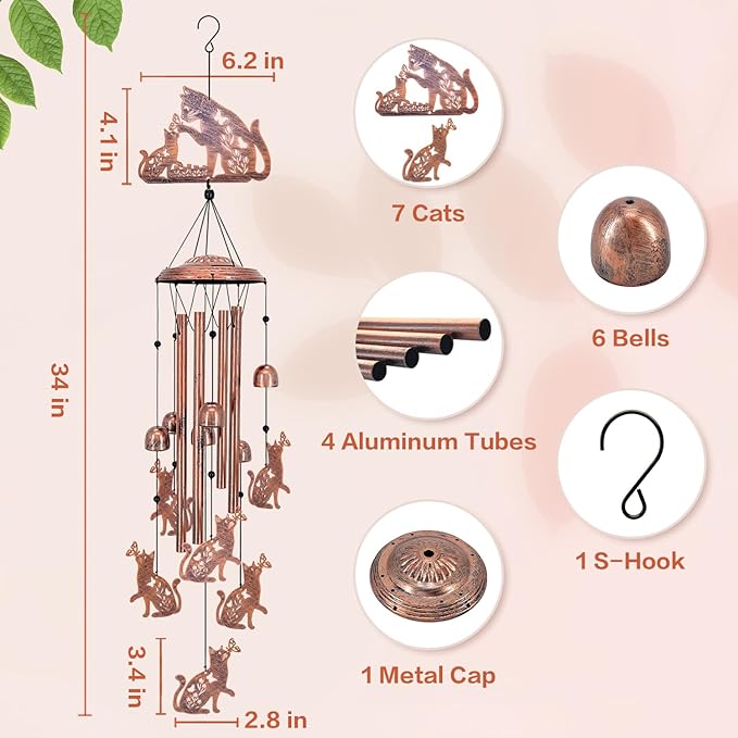 Cat Wind Chimes Outdoor Cat Gifts for Women Men Mom Gardening Birthday Gifts Metal Memorial WindChimes for Outside/Indoors, Lawn, Patio, Yard Art, Garden Decor, Yard Decorations