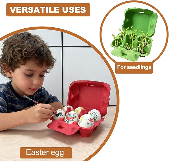 Reusable Egg Cartons, Paper Pulp Material, 50 Pack, Pink Yellow Orange Red Colors, Farm Fresh Eggs Storage Container (Red)