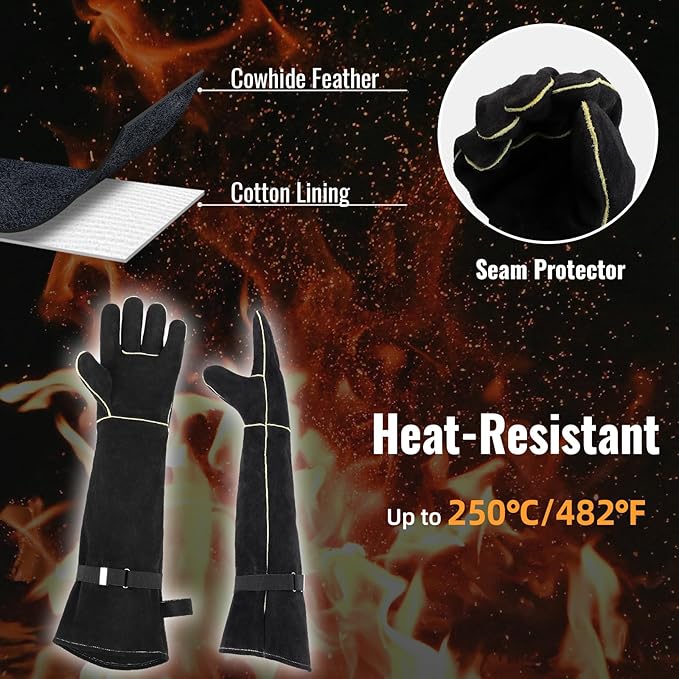 Animal Handling Gloves Bite Proof, Thickened Leather Cat Gloves for Scratching, Falconry, Welding, 23.6 inch Black Yellow