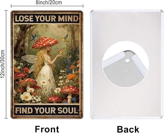 GLOBLELAND Vintage Mushroom Hunter Metal Tin Sign 12x8 inch Mind and Soul Tin Signs Decor Forest Plants Woman Metal Wall Plaque for Home Room Farmhouse Cafes Office Store Bar Kitchen Garden Decor