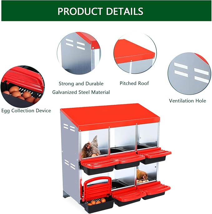 Chicken Nesting Boxes, 8 Holes Metal Chicken Egg Laying Box with Swing Perch and Rollout Egg Collection,for Various Chicken Breeds Without Stand - Red 0.6mm