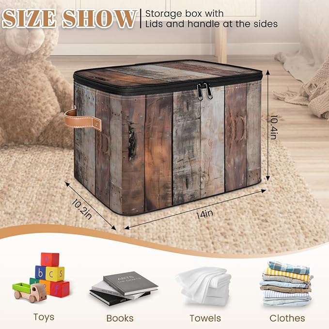 Wood Grain Board Storage Bins with Zipper Lid Fabric Storage Containers for Clothes Collapsible Closet Storage Basket with Metal Frame 1 Pack
