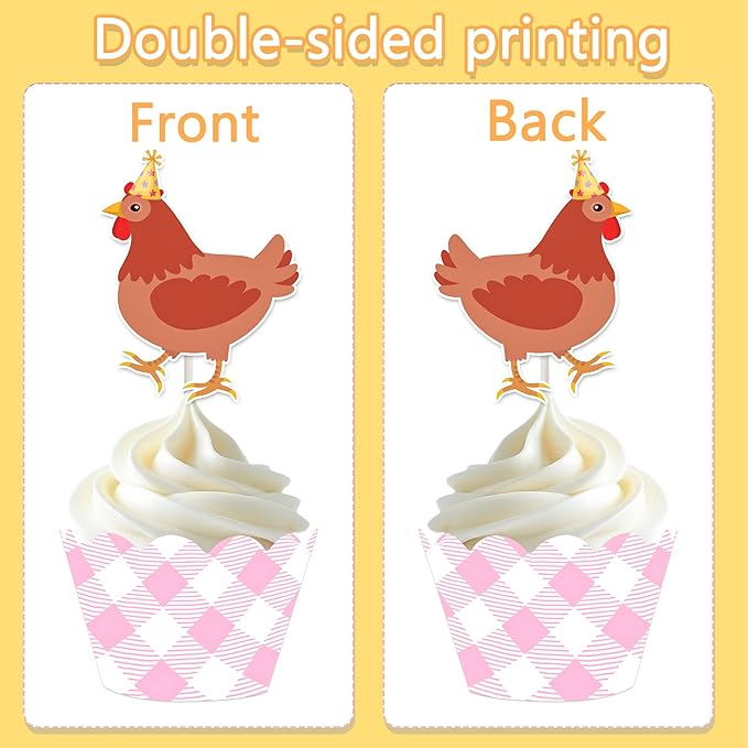 Chicken and Daisy Cupcake Toppers and Wrappers Floral Chicken Birthday Decoration 48Pcs Pink Gingham Cupcake Liners barnyard Hen Themed Cake Decor for Farm Animals Bday Baby Shower Supplies