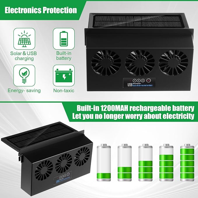 2 Pack Solar Powered Car Exhaust Fan 3 Fans Car Window 4500 RPM Air Vent Radiator Solar Energy Cooling Vent Exhaust for General Types(Rechargeable & Solar 3 Fans,Black)