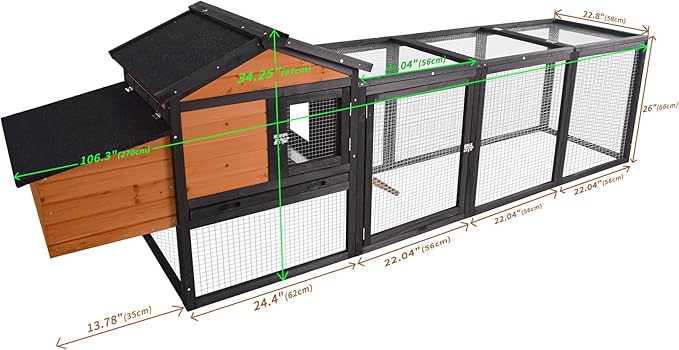 106.3" Chicken Coop, Large Wooden Chicken Coop with Run, Nesting Box and All-Weather Asphalt Roof, Outdoor Duck House Bunny Cage with Sliding Tray for Poultry, Small Animals, Black+Brown