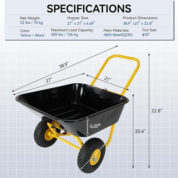 Dual Wheel Garden Wheelbarrow,Heavy Duty Yard Cart with 10“/15" Pneumatic Tires, Rustproof Poly Tray & Steel Handle, 300 lbs Capacity Utility Cart for Lawn, Farm, and Landscaping (Yellow+Black-10“)