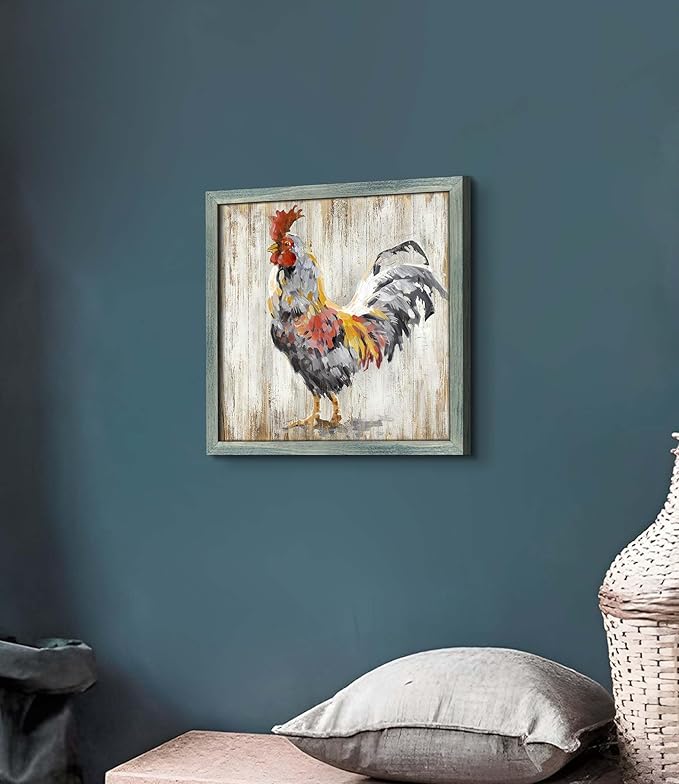 Farmhouse Animal Wood Wall Art: Rustic Rooster Framed Print Picture Farm Chicken Artwork Vintage Country Kitchen Home Painting Decor for Bedroom Living Room 12 x 12 Inches