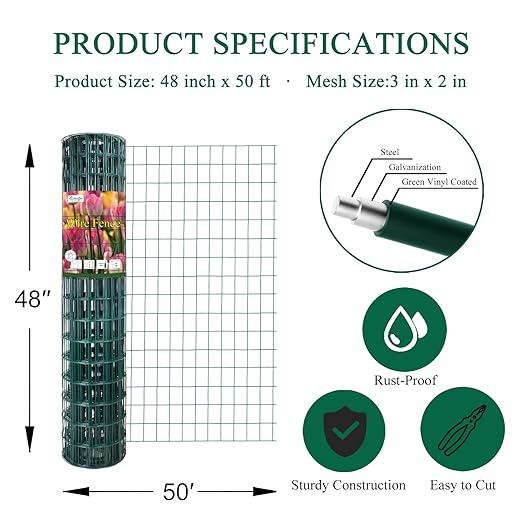 Green PVC Coated Welded Wire Fence 48 Inch x 50 Foot, 2 Inch x 3 Inch 16GA, Garden Border Fencing Roll Vinyl Coating Metal Wire Mesh for Yard Vegetable Plant Protection Poultry Netting