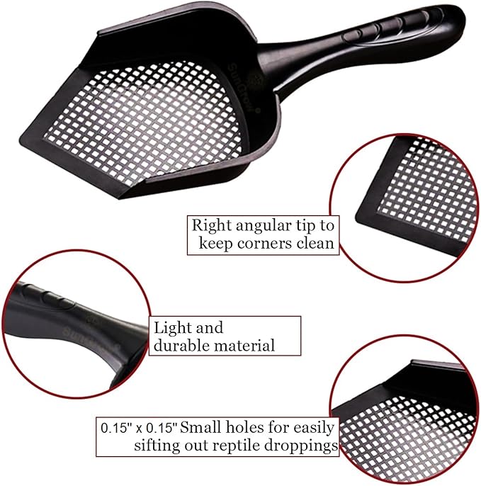 SunGrow Reptile Litter Scoop, Pointed Edge, for Cat & Chicken Coop, Right-Angled Wide and Deep Shovel, Black, 1 Pc per Pack